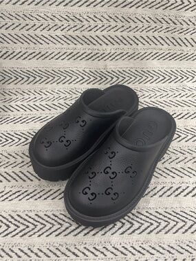 GUCCI Black Perforated Logo Clog Mules
